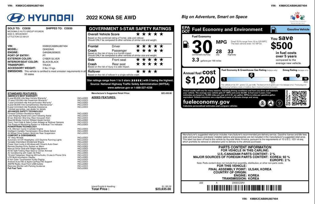 used 2022 Hyundai Kona car, priced at $17,939