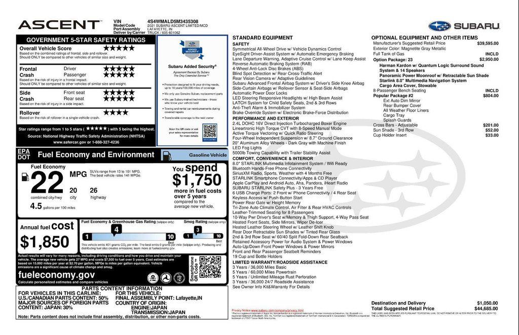 used 2021 Subaru Ascent car, priced at $18,900