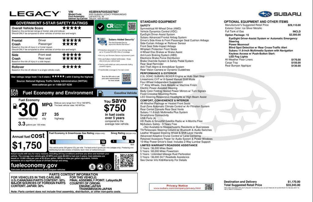new 2025 Subaru Legacy car, priced at $32,199