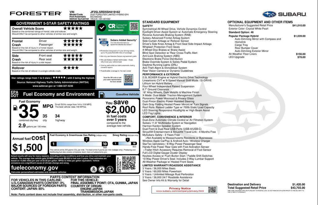 new 2025 Subaru Forester Hybrid car, priced at $41,109