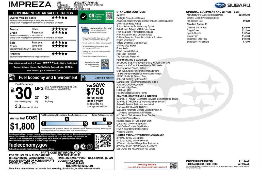 used 2024 Subaru Impreza car, priced at $25,607