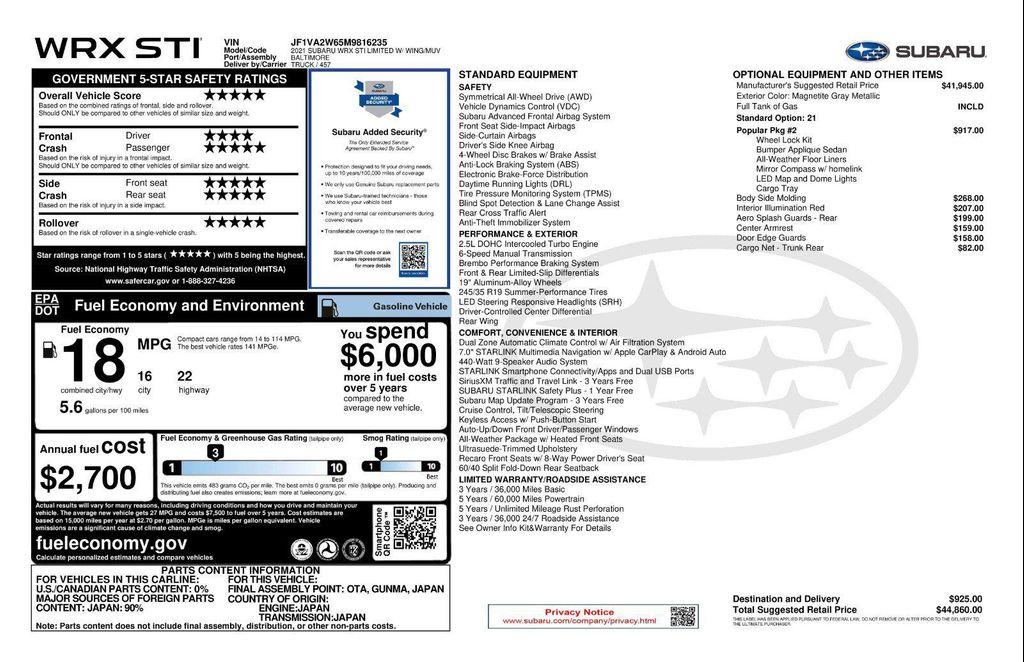used 2021 Subaru WRX STI car, priced at $36,445