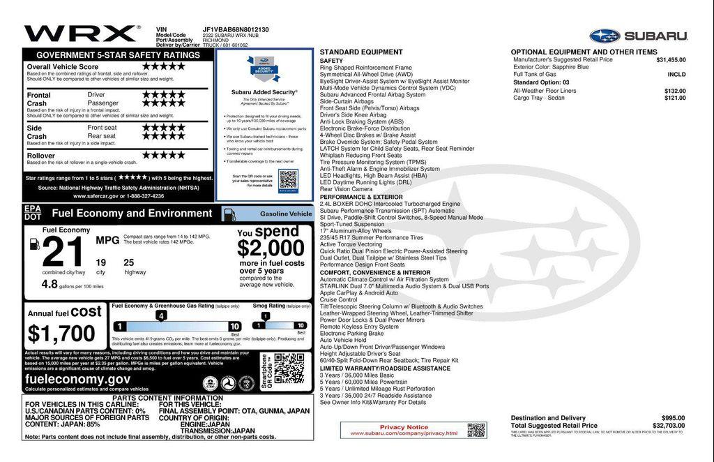 used 2022 Subaru WRX car, priced at $28,384