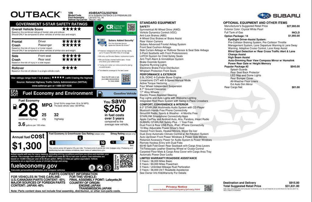 used 2018 Subaru Outback car, priced at $17,971