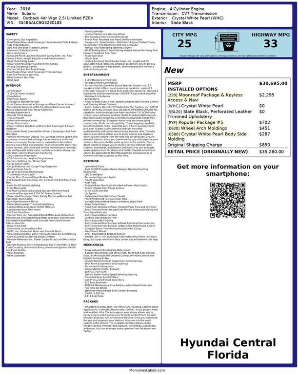 used 2016 Subaru Outback car, priced at $12,999