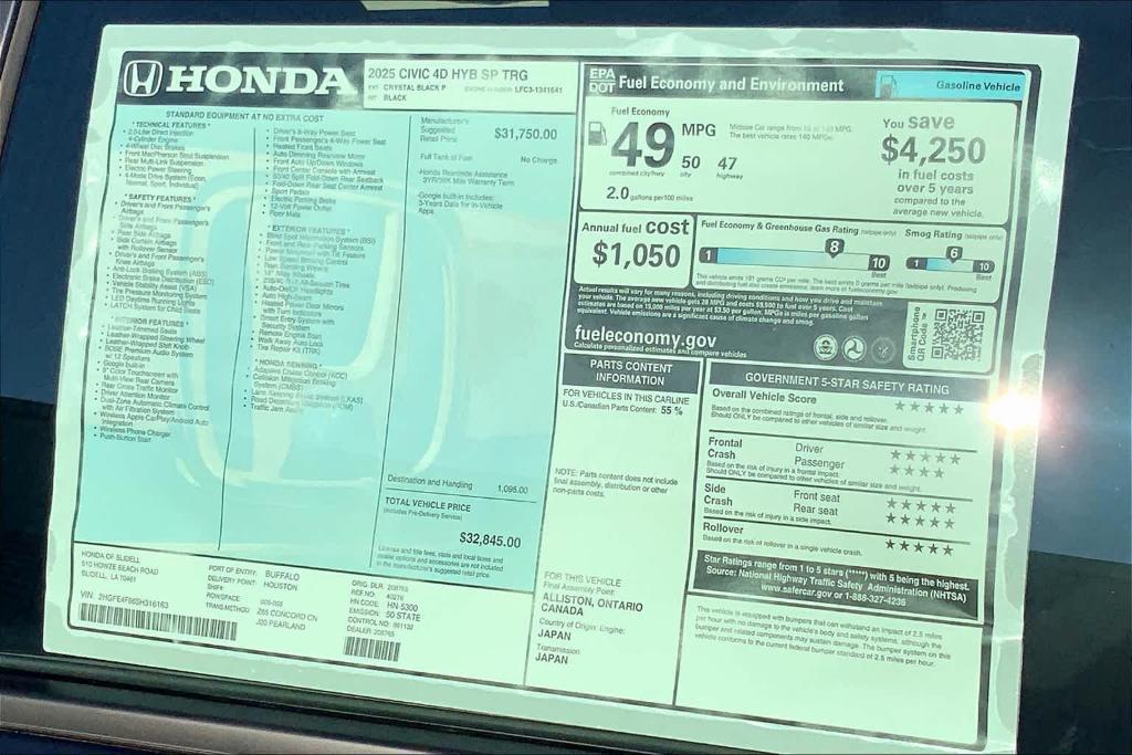 new 2025 Honda Civic Hybrid car, priced at $32,845