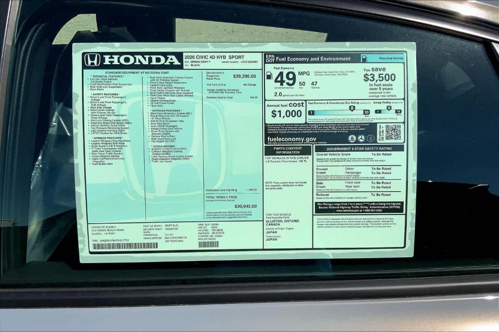 new 2026 Honda Civic Hybrid car, priced at $30,945