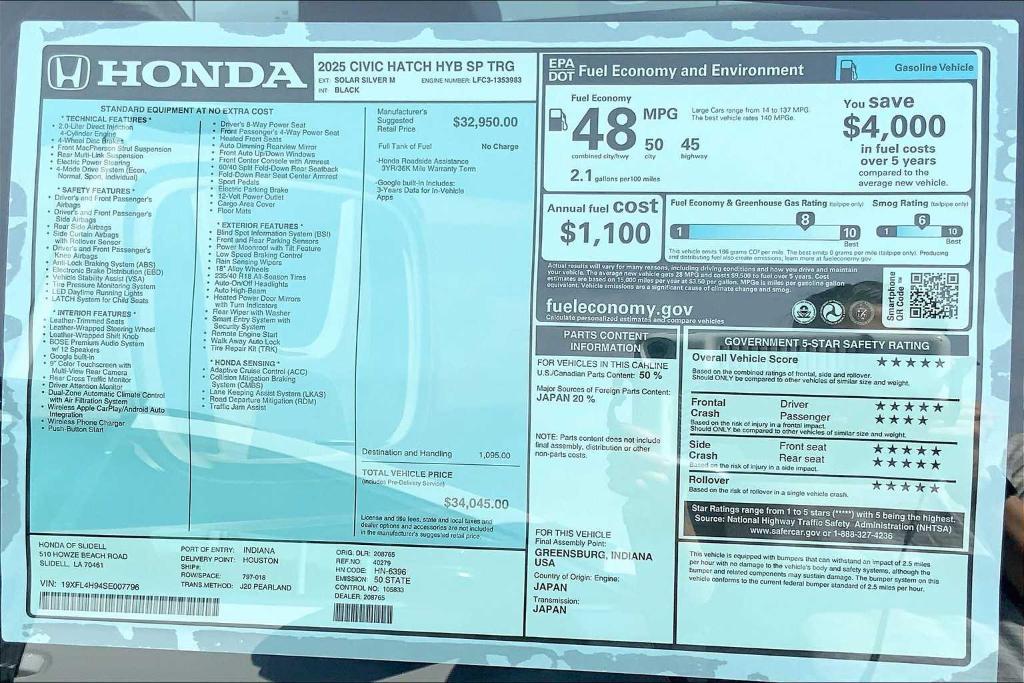 new 2025 Honda Civic Hybrid car, priced at $32,845