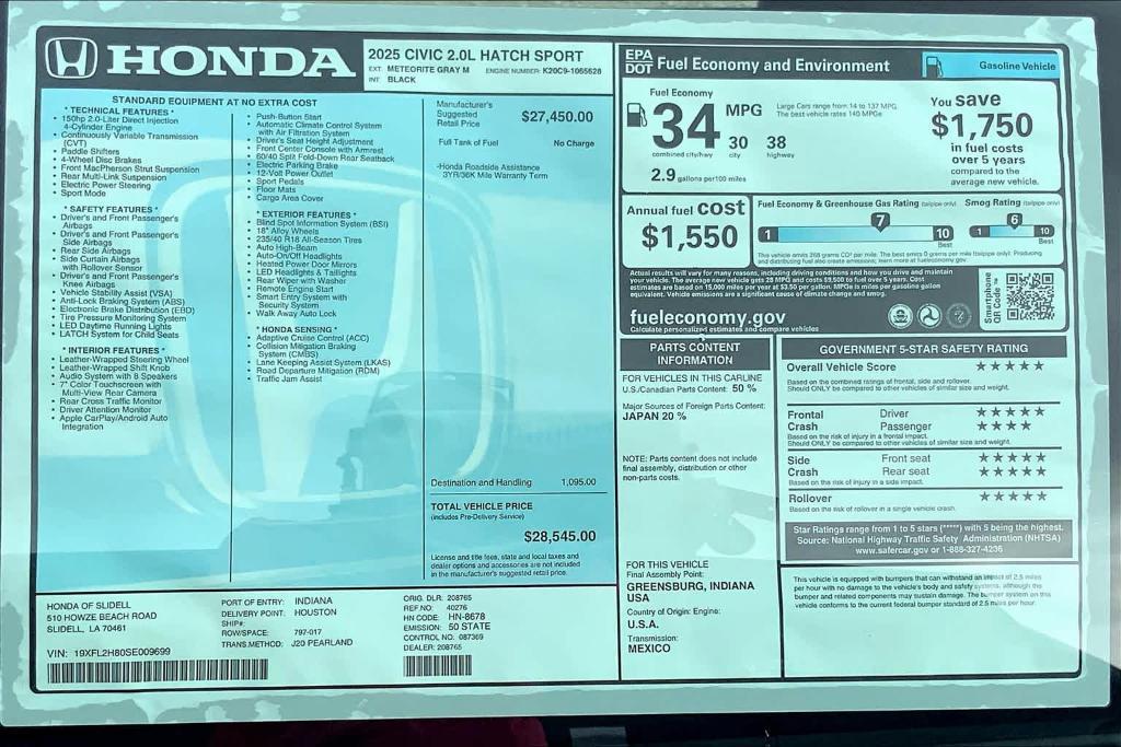 new 2025 Honda Civic car, priced at $28,545