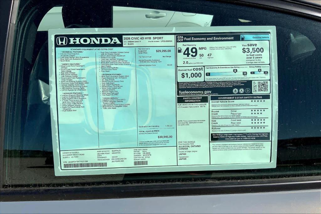 new 2026 Honda Civic Hybrid car, priced at $29,650