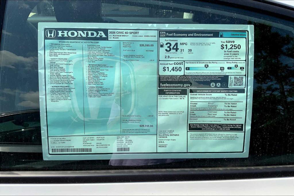 new 2026 Honda Civic car, priced at $26,975