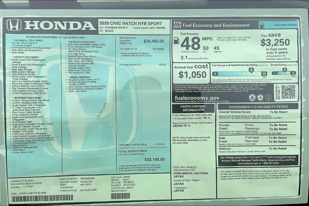 new 2026 Honda Civic Hybrid car, priced at $30,650