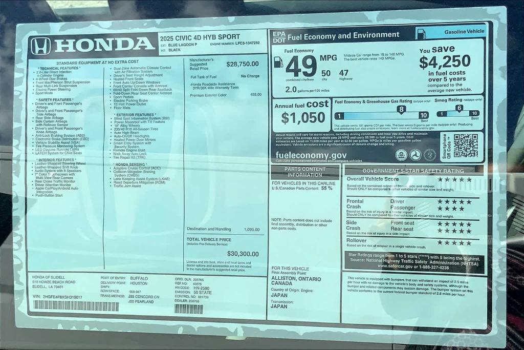 new 2025 Honda Civic Hybrid car, priced at $29,300