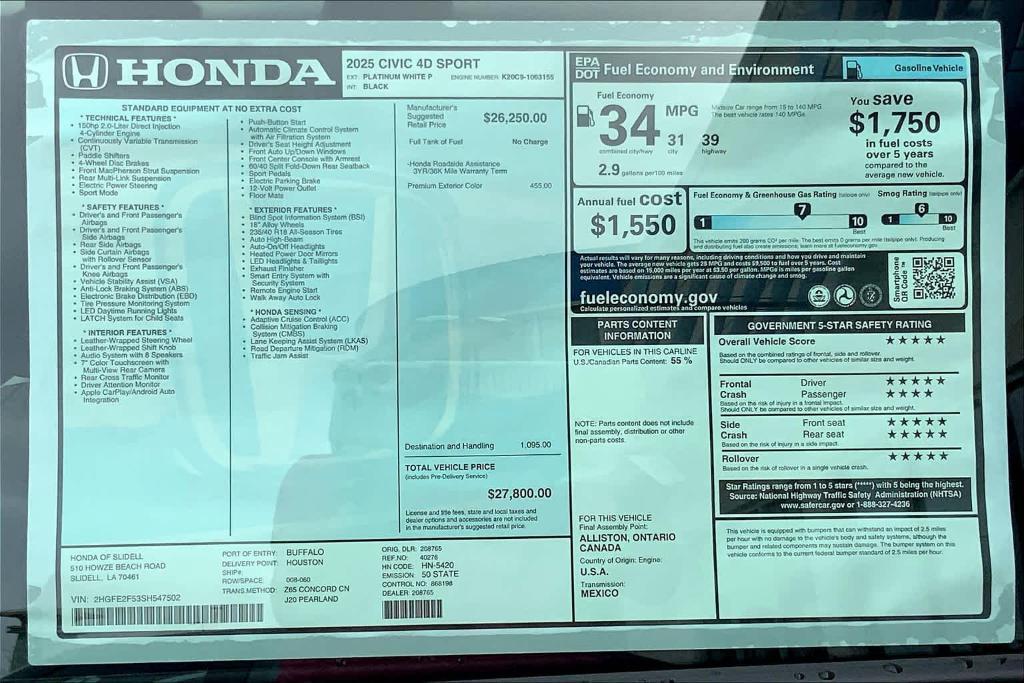 new 2025 Honda Civic car, priced at $26,545