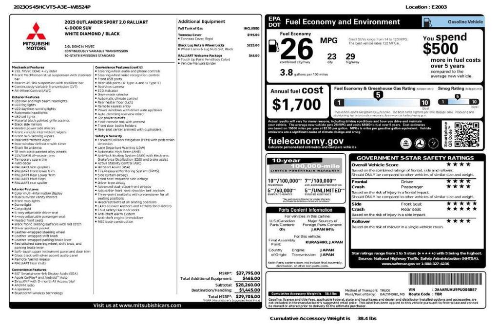 used 2023 Mitsubishi Outlander Sport car, priced at $17,399