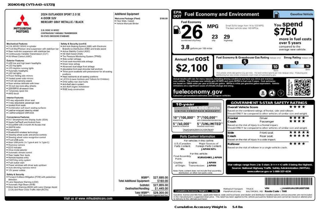 used 2024 Mitsubishi Outlander Sport car, priced at $16,798