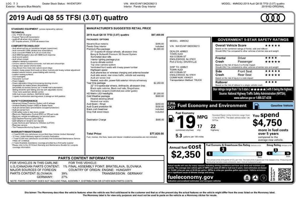 used 2019 Audi Q8 car, priced at $32,994