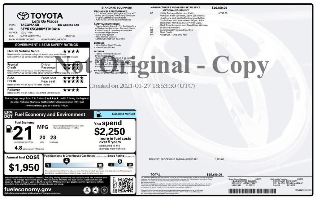 used 2021 Toyota Tacoma car, priced at $16,399