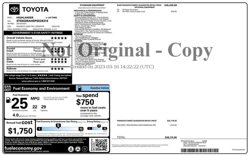 used 2023 Toyota Highlander car, priced at $29,499