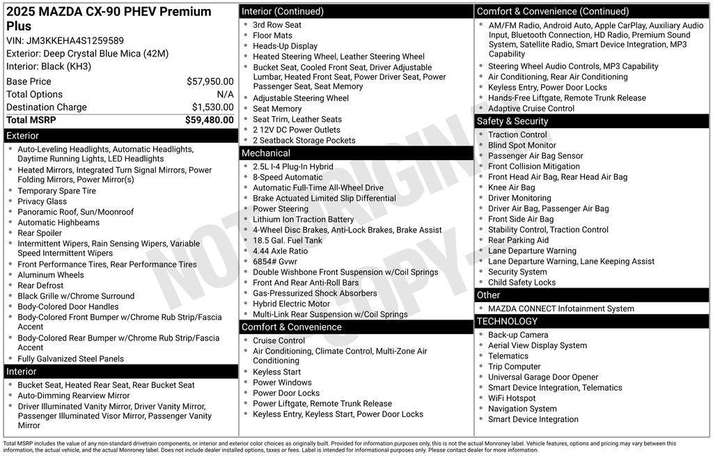 new 2025 Mazda CX-90 PHEV car, priced at $55,361