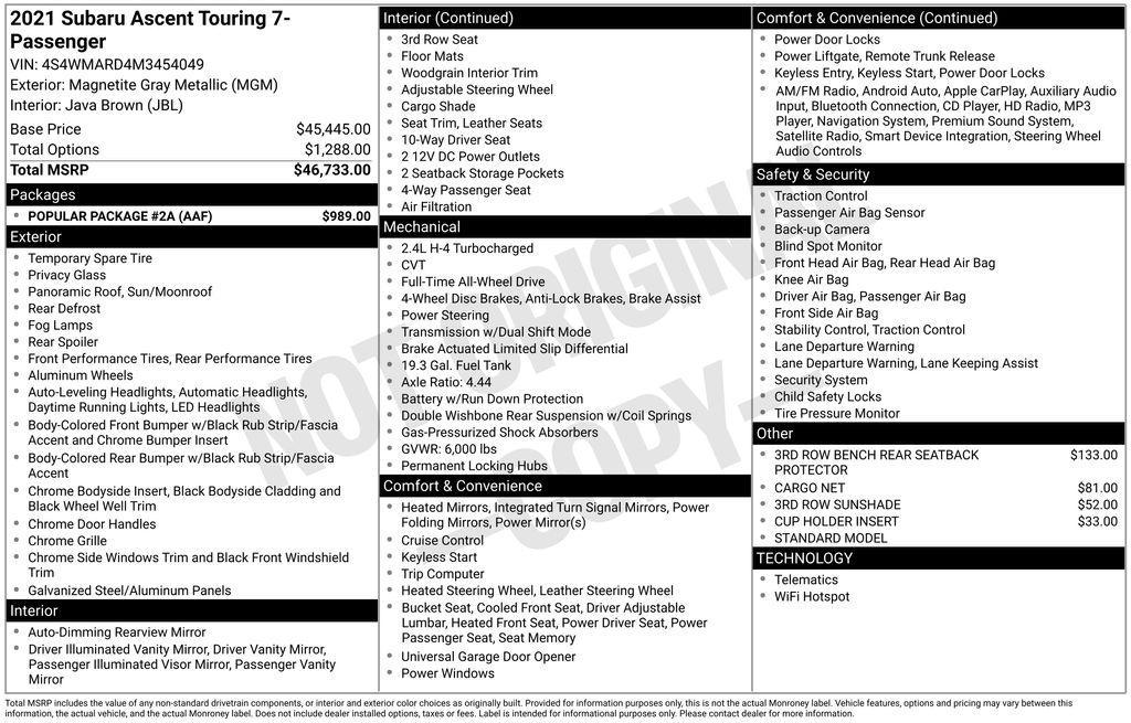 used 2021 Subaru Ascent car, priced at $22,647