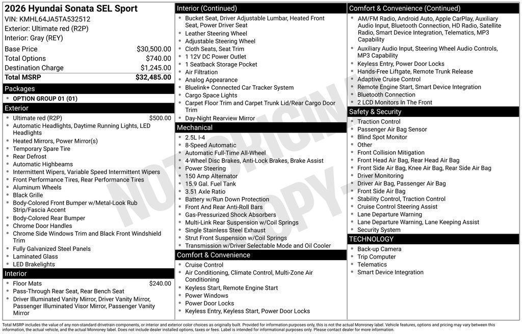 new 2026 Hyundai Sonata car, priced at $31,805