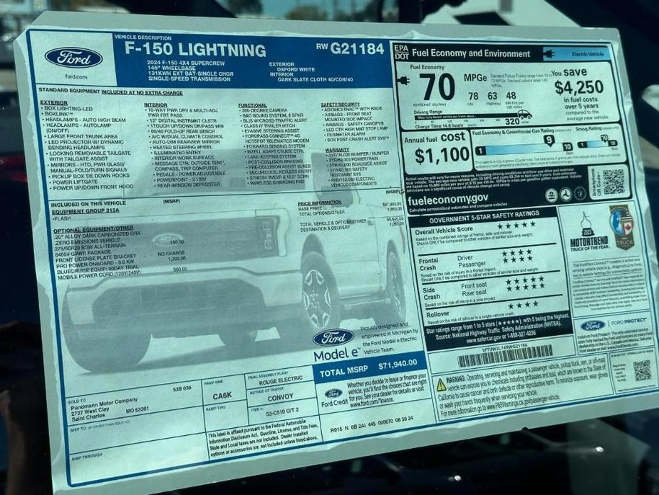 new 2024 Ford F-150 Lightning car, priced at $62,940