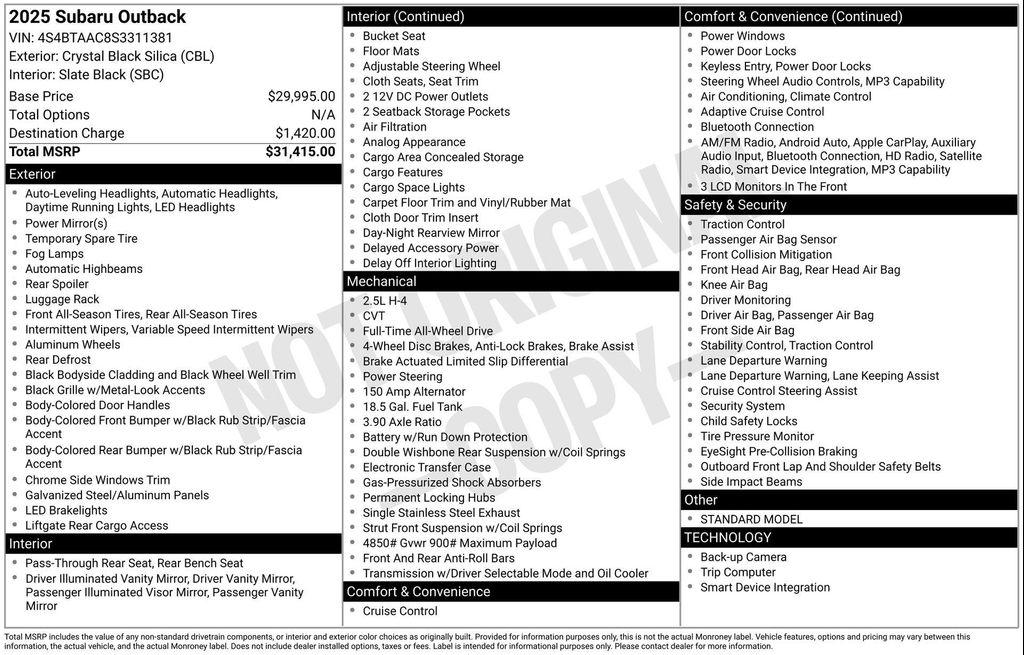 new 2025 Subaru Outback car, priced at $29,729