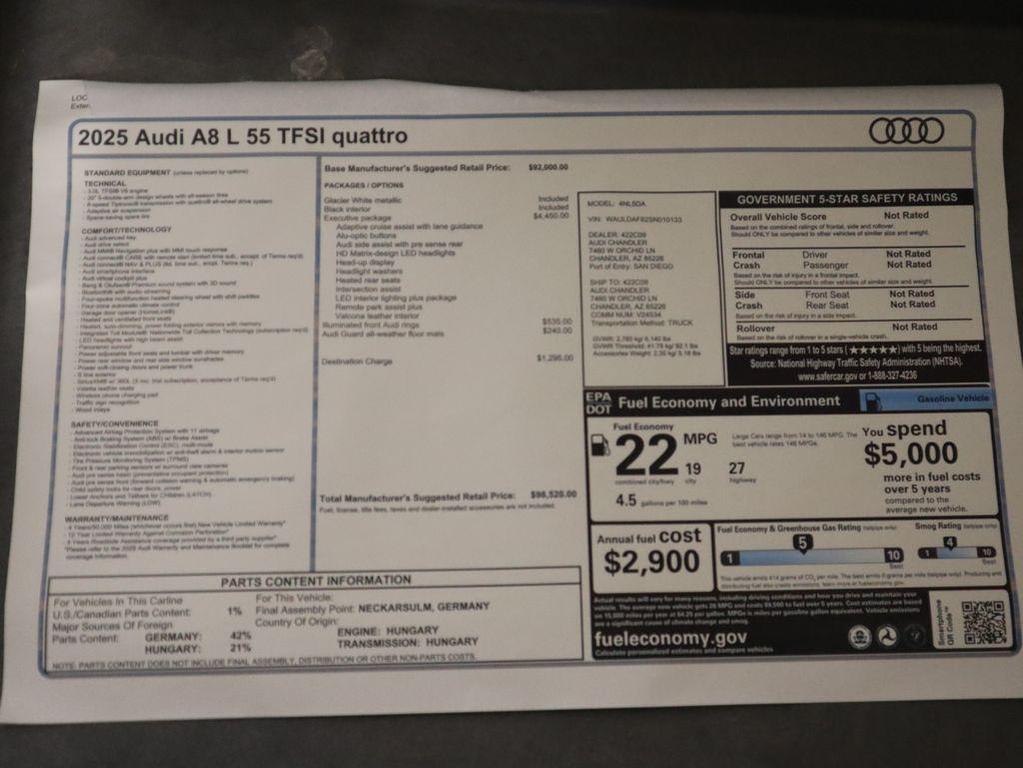new 2025 Audi A8 car, priced at $98,520