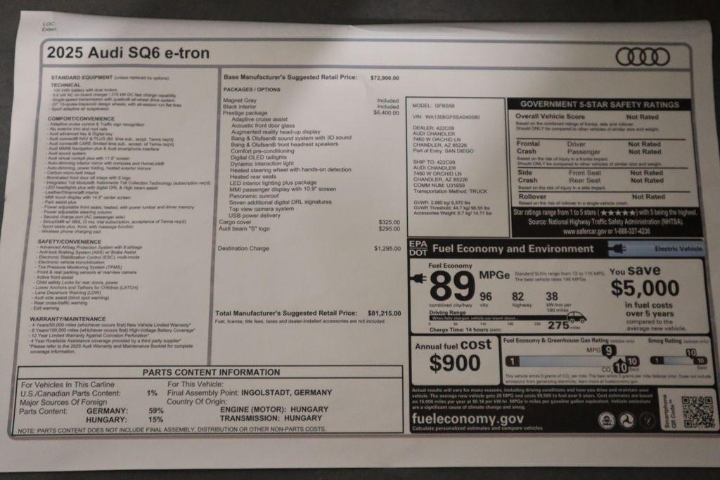 new 2025 Audi SQ6 e-tron car, priced at $81,215