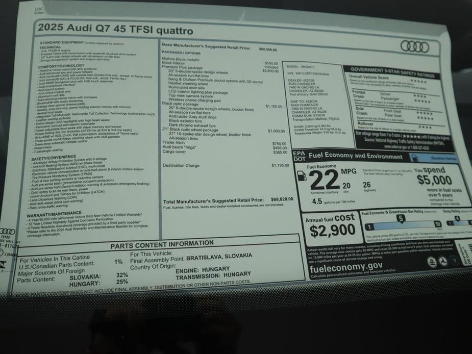 new 2025 Audi Q7 car, priced at $69,820