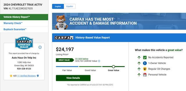 used 2024 Chevrolet Trax car, priced at $23,997
