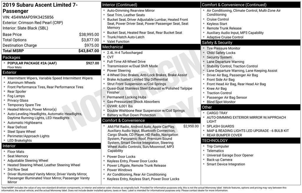 used 2019 Subaru Ascent car, priced at $19,385