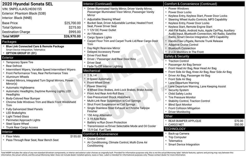 used 2020 Hyundai Sonata car, priced at $15,136