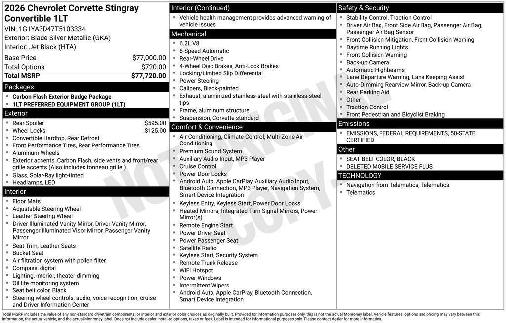 new 2026 Chevrolet Corvette car, priced at $79,715