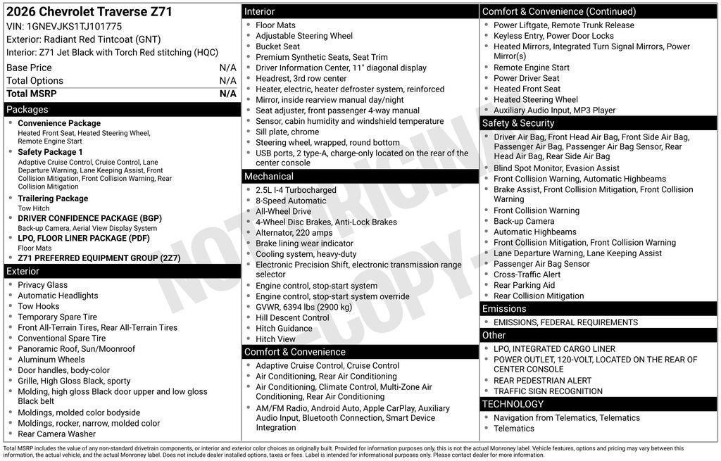 new 2026 Chevrolet Traverse car, priced at $52,913