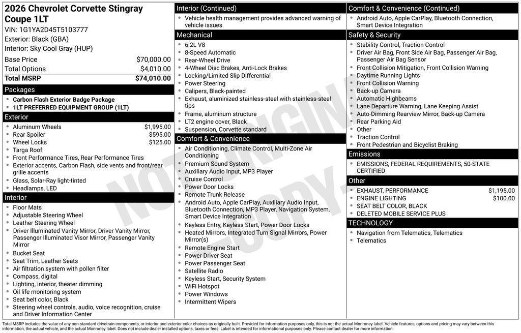 new 2026 Chevrolet Corvette car, priced at $76,005