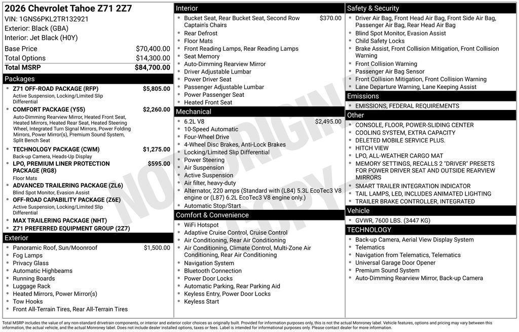 new 2026 Chevrolet Tahoe car, priced at $85,059