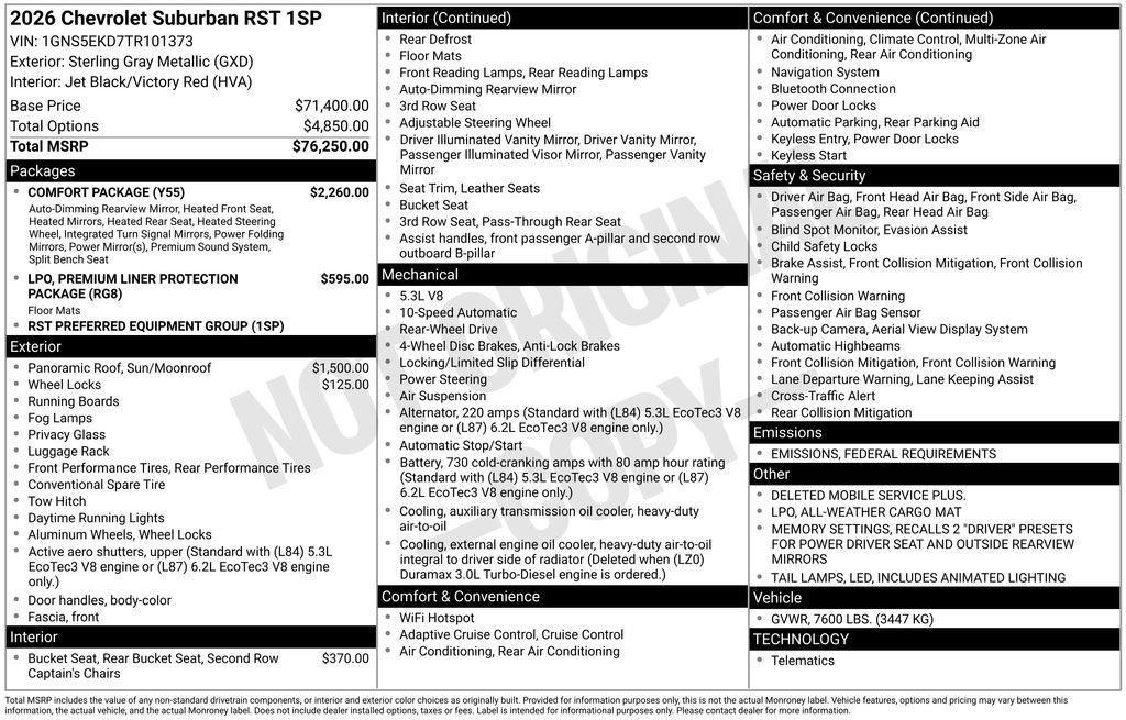 new 2026 Chevrolet Suburban car, priced at $77,146