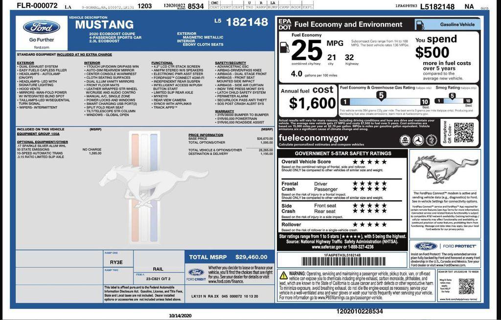 used 2020 Ford Mustang car, priced at $18,599