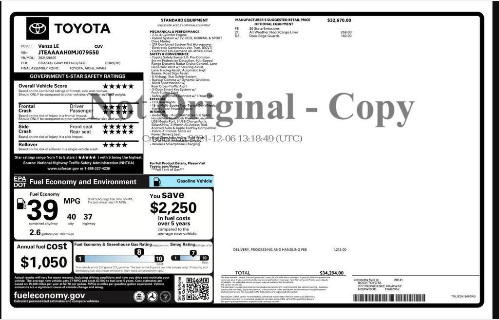 used 2021 Toyota Venza car, priced at $19,299