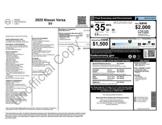 new 2025 Nissan Versa car, priced at $22,295