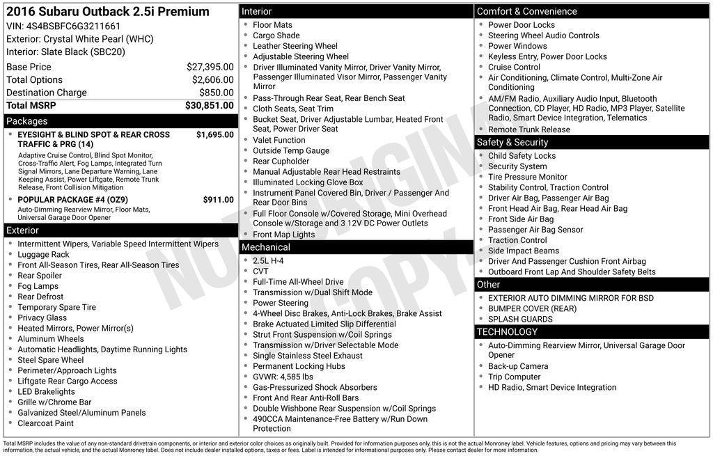 used 2016 Subaru Outback car, priced at $11,495