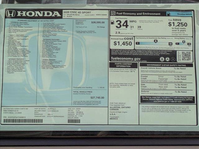 new 2026 Honda Civic car, priced at $27,745