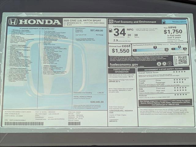 new 2025 Honda Civic car, priced at $28,545