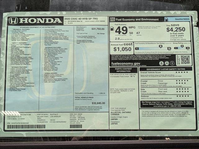 new 2025 Honda Civic Hybrid car, priced at $32,845