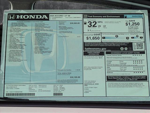 new 2025 Honda Accord car, priced at $32,165