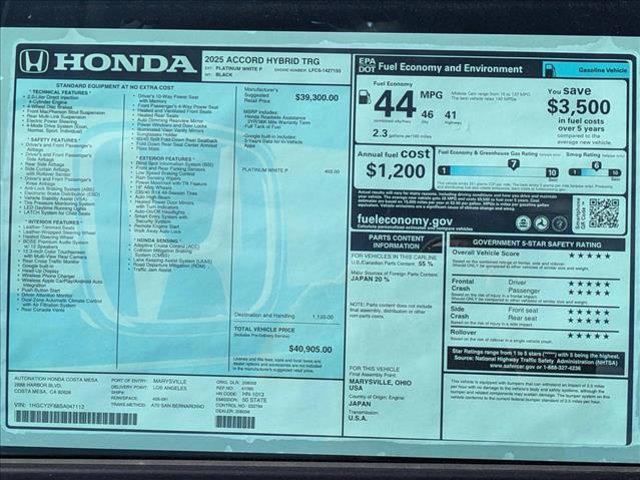 new 2025 Honda Accord Hybrid car, priced at $40,905