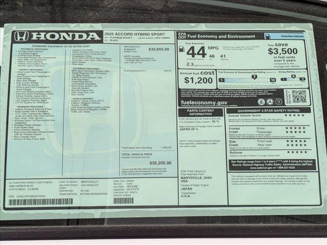 new 2025 Honda Accord Hybrid car, priced at $35,205