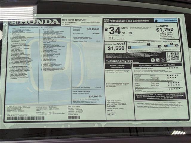 new 2025 Honda Civic car, priced at $27,800